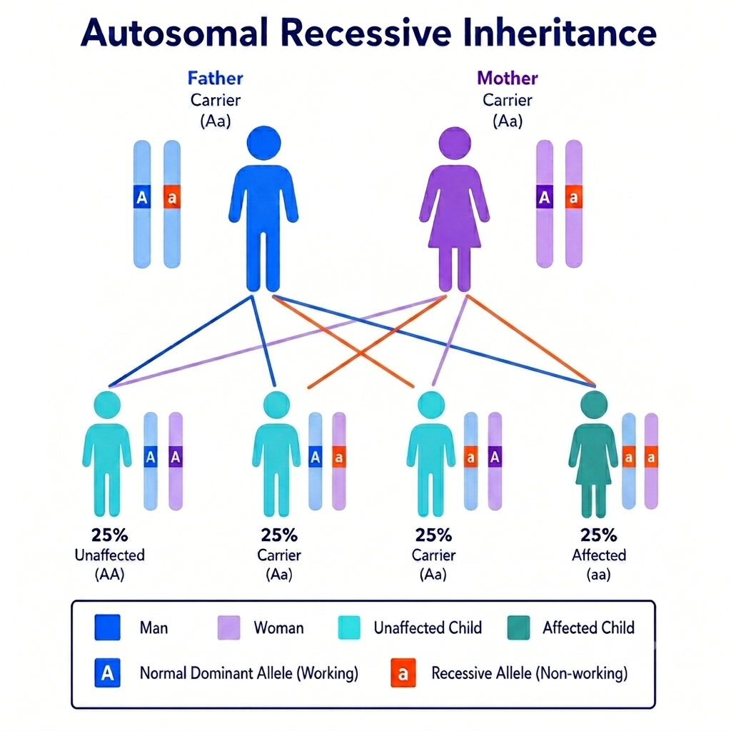 Recessive inheritance pattern diagram showing parent carriers and child outcomes: 25% not affected, 50% carrier, 50% carrier, 25% affected